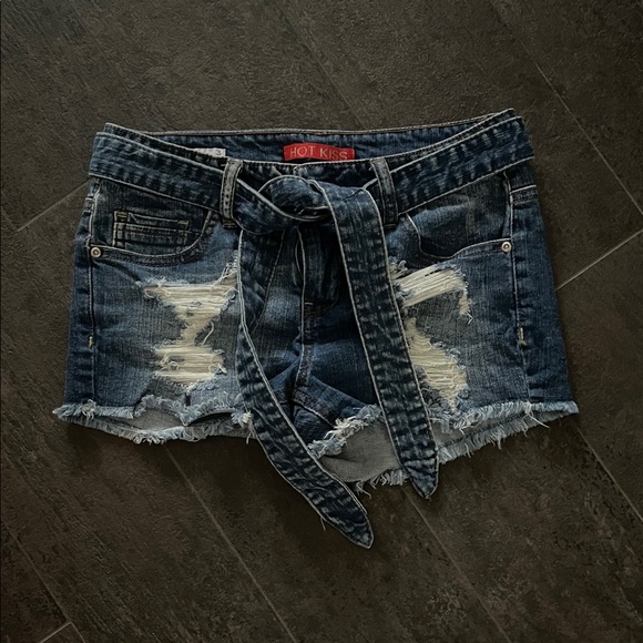 Hot Kiss Pants - Hot Kiss Women's Tie-Waist Jean Shorts - Dark Blue